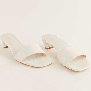 Reformation Christina Heeled Sandal in Almond Snake Embossed